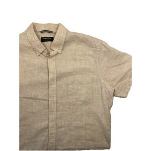 Nordstrom Mens Button Down Trim Fit Melon Orange 100% Linen Short Sleeve Shirt L